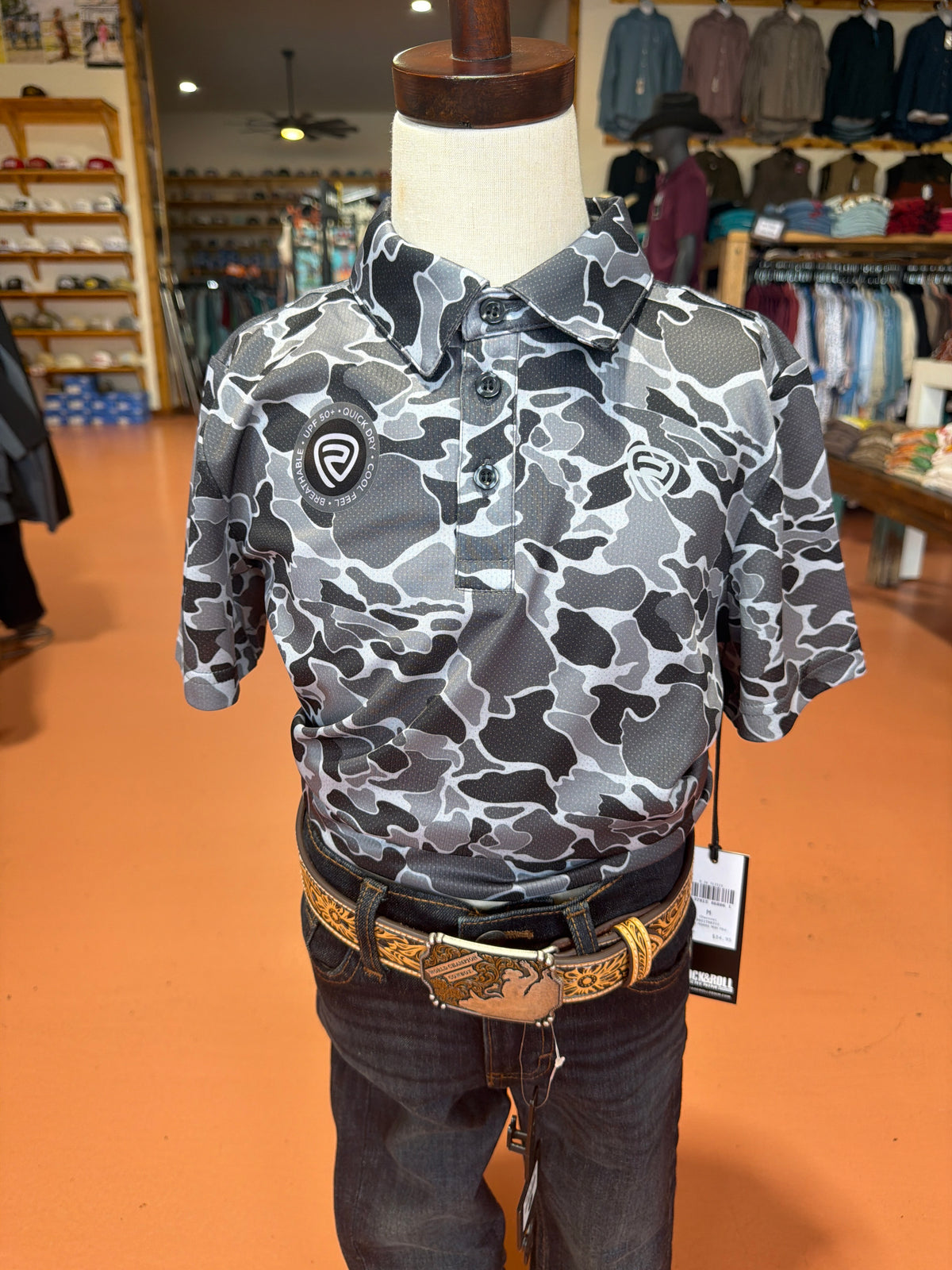 Boy’s Rock and Roll Charcoal Camo Polo🤠