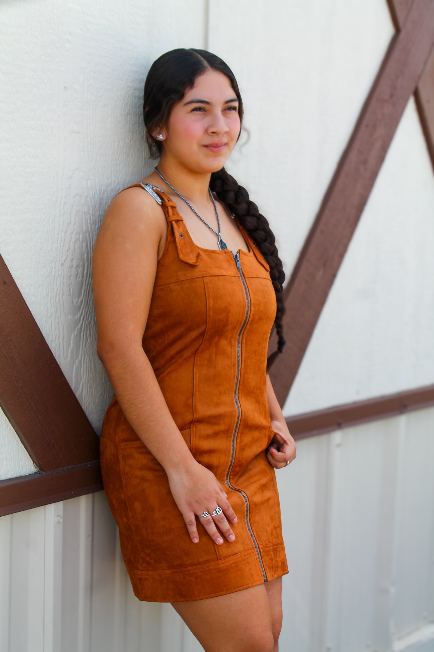 Suede Western Buckle Mini Dress- TAN