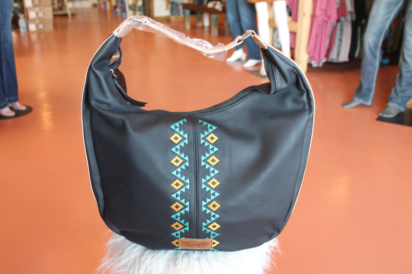 Wrangler Aztec Embroidered Large Hobo Bag- Black