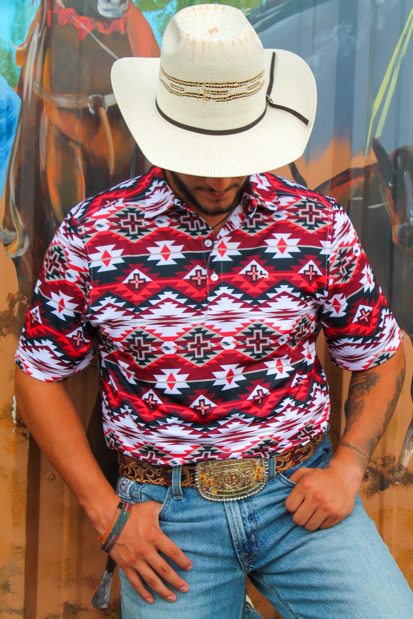 Cinch Arena Flex Polo- Red Multi Aztec