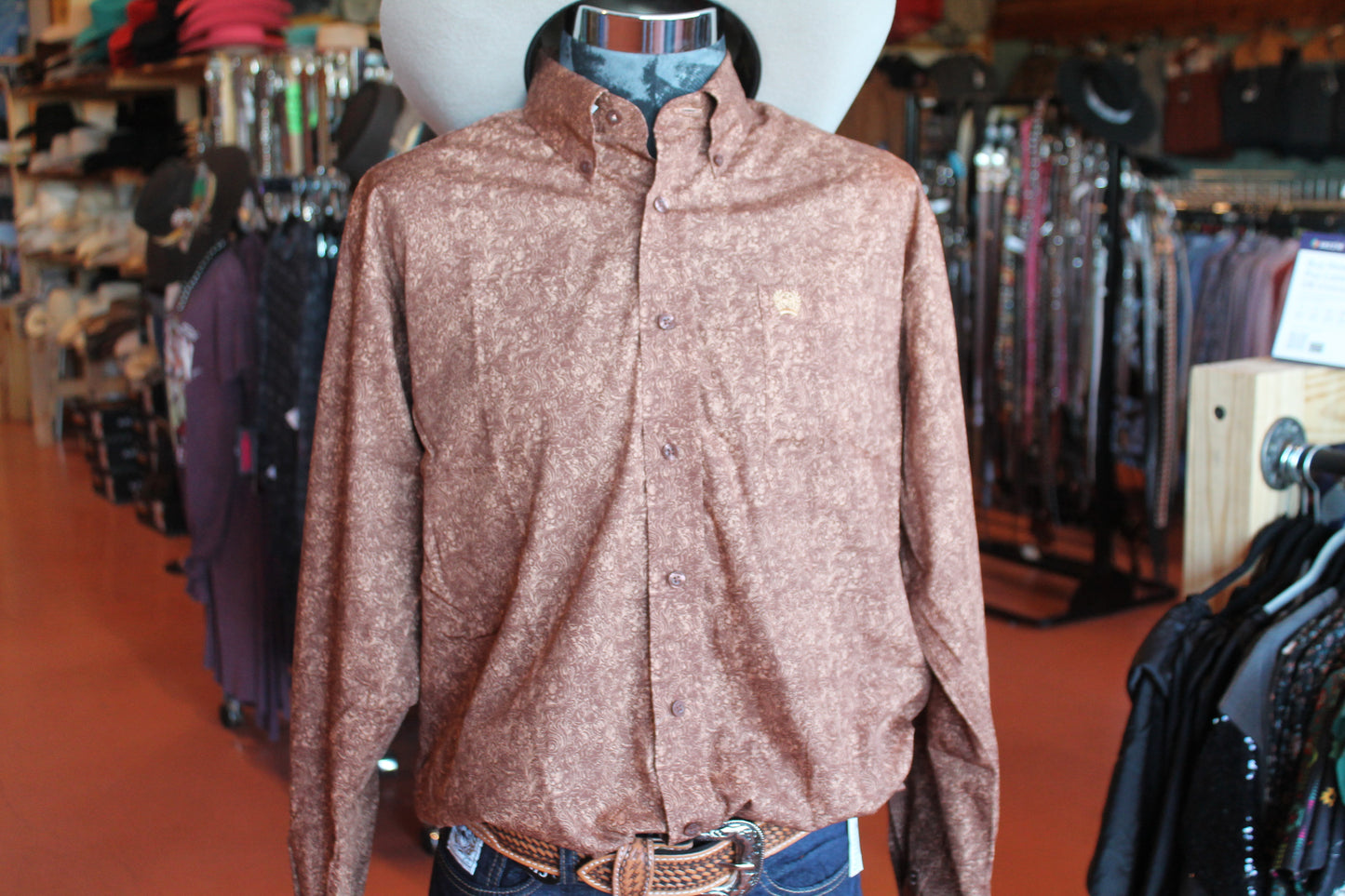 Adult Cinch Brown Paisley Long Sleeve