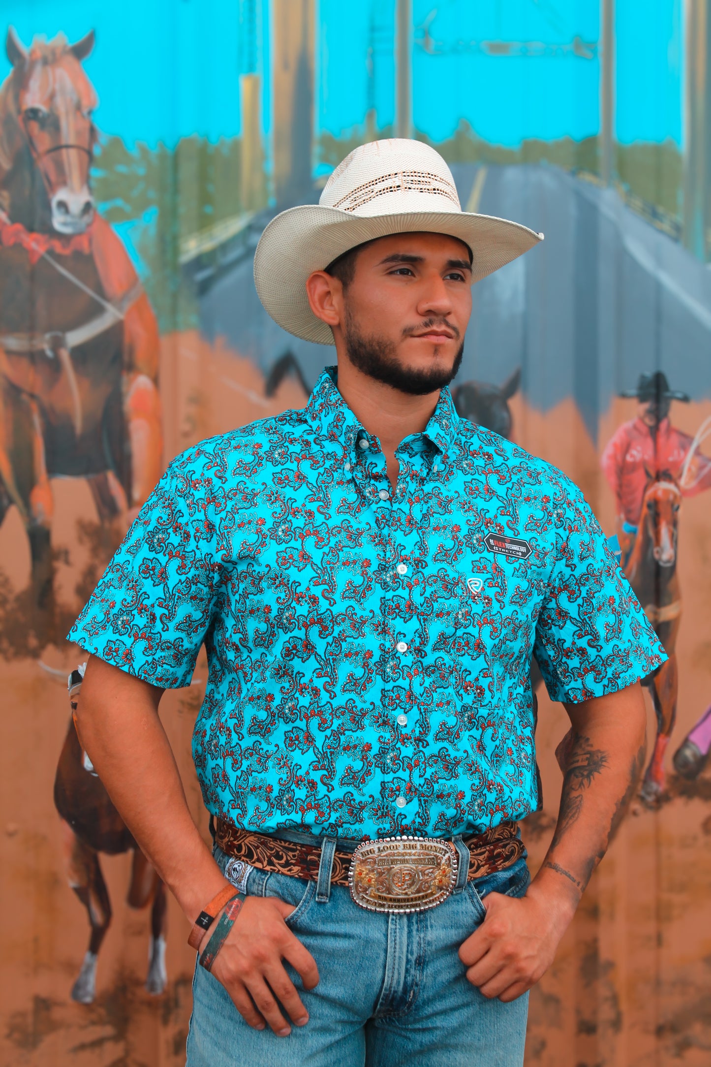 Rock & Roll Paisley Button Up- Bright Turq