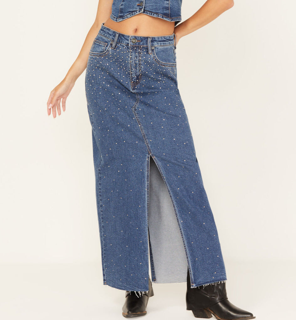 Rock & Roll Denim Studded Maxi Skirt