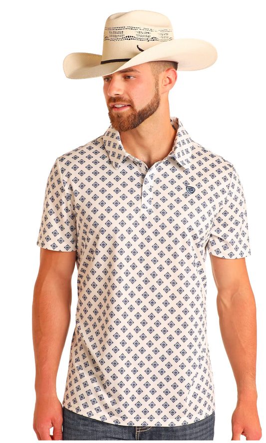 Rock&Roll Denim Aztec Printed Polo- White