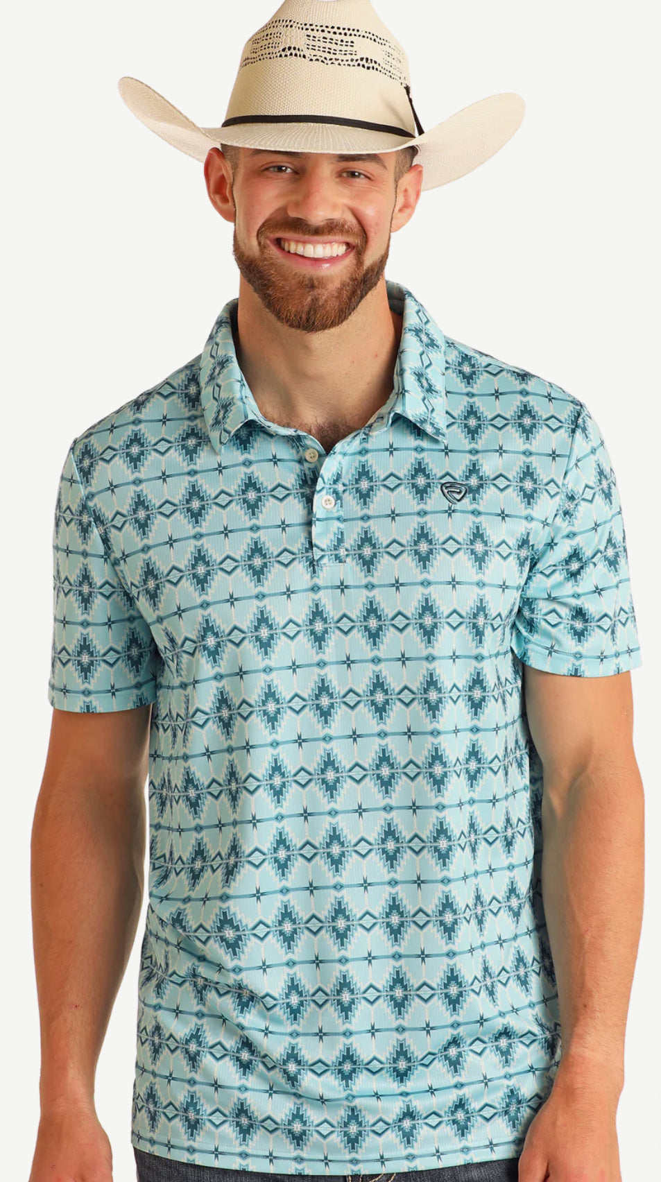 Rock&Roll Denim Aztec Printed Polo- Aqua