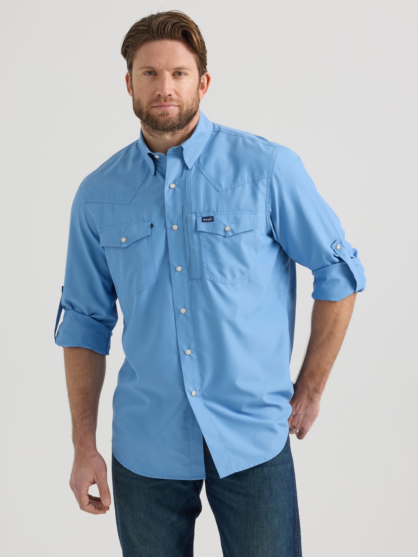 Wrangler Men's Performance Pearl Snap- Periwinkle Blue
