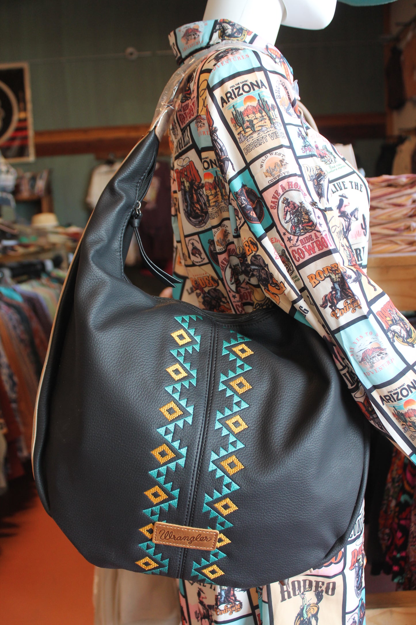 Wrangler Aztec Embroidered Large Hobo Bag- Black