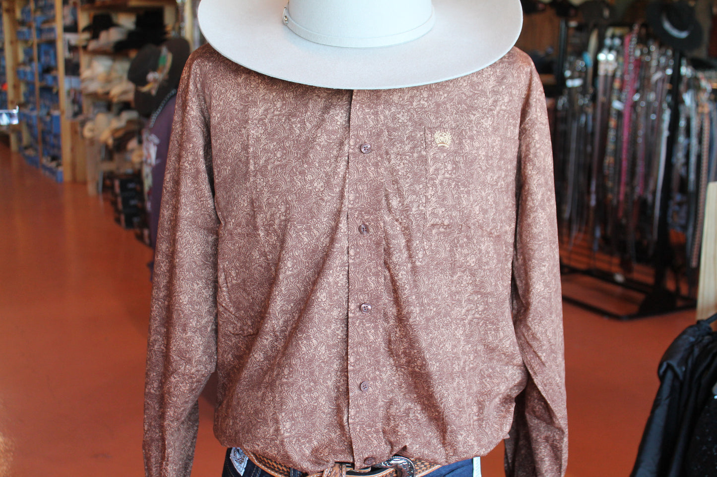 Adult Cinch Brown Paisley Long Sleeve