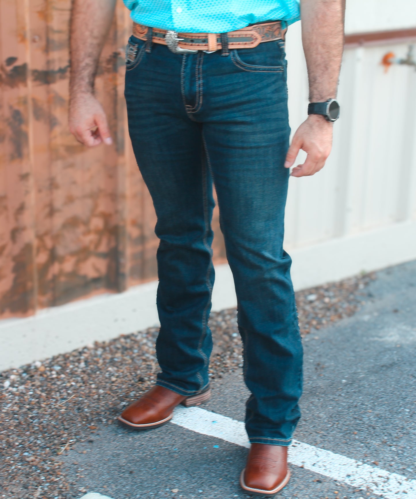 Rock&Roll Denim Leather Emb Revolver Straight Jeans - Dark Vintage