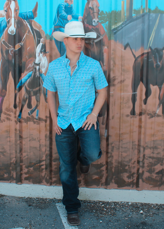 Panhandle Men's Geo Aqua SS Pearl-snap