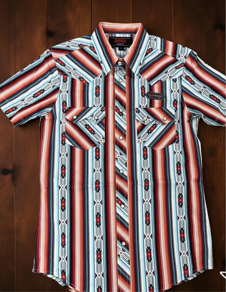 Rock & Roll Aztec Stripe SS Snap- Red