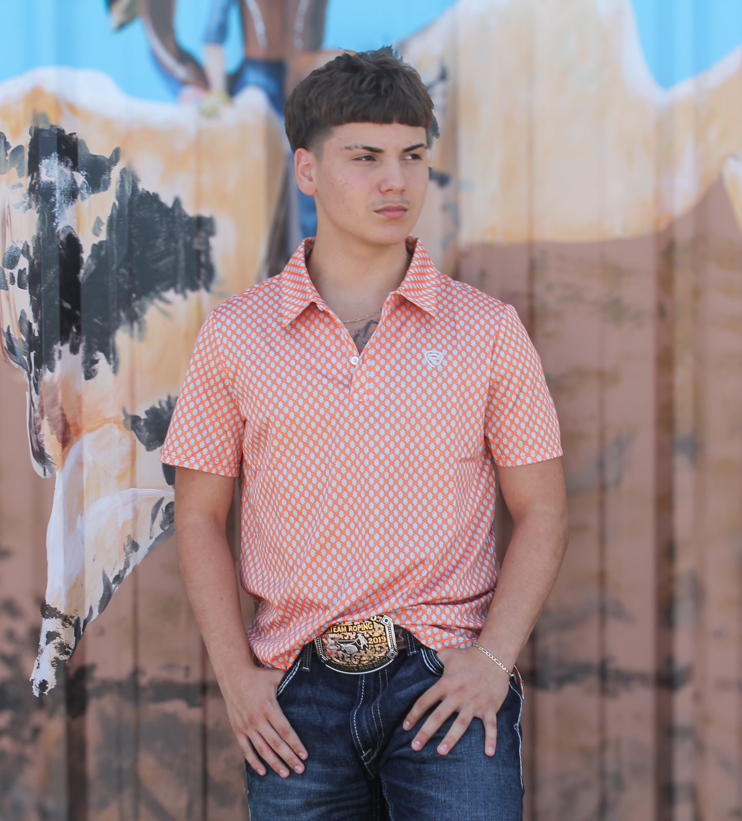 R&R Men's Orange Geo Polo