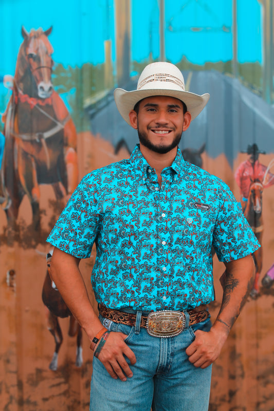 Rock & Roll Paisley Button Up- Bright Turq