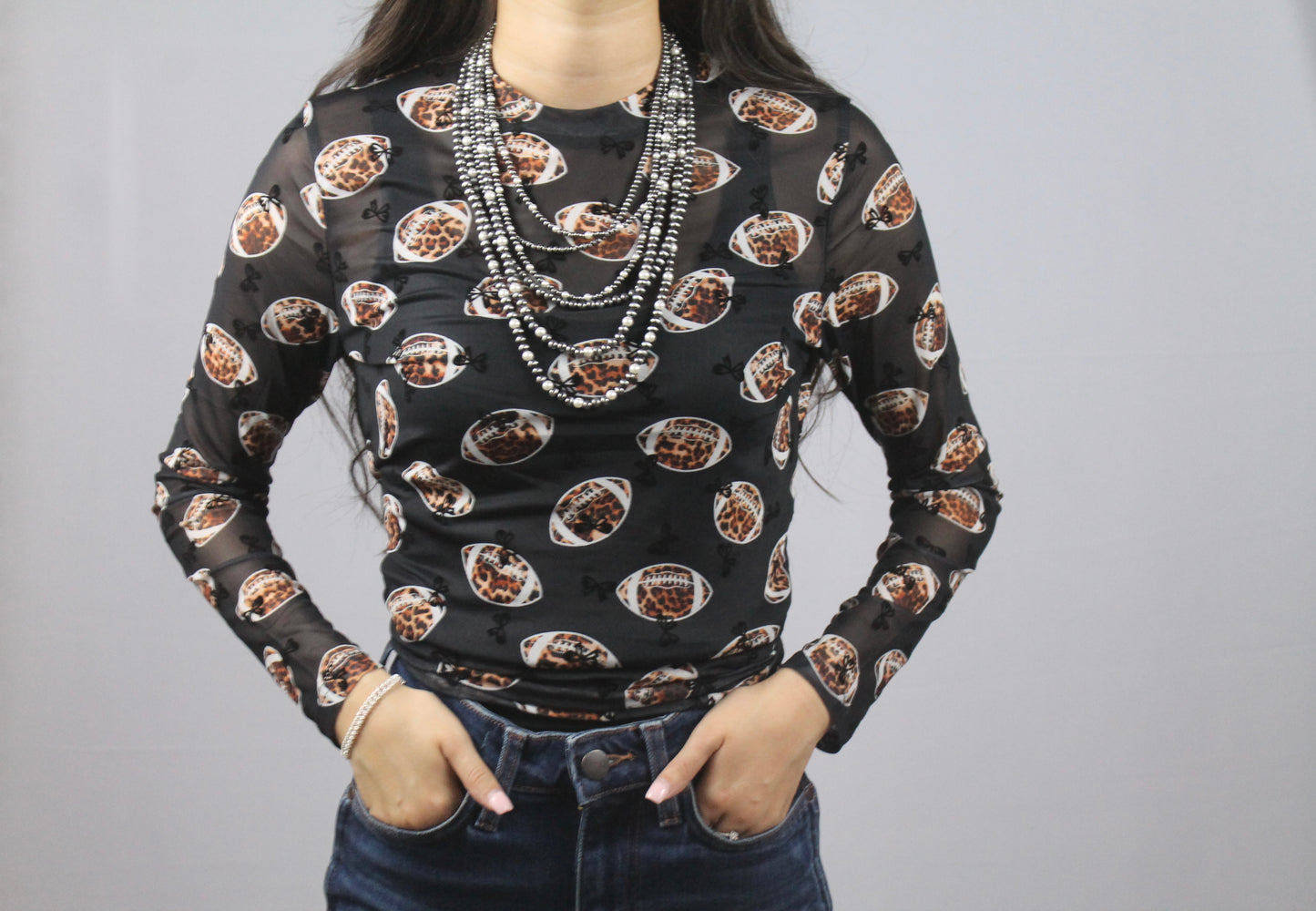 Bows & Footballs Mesh Top