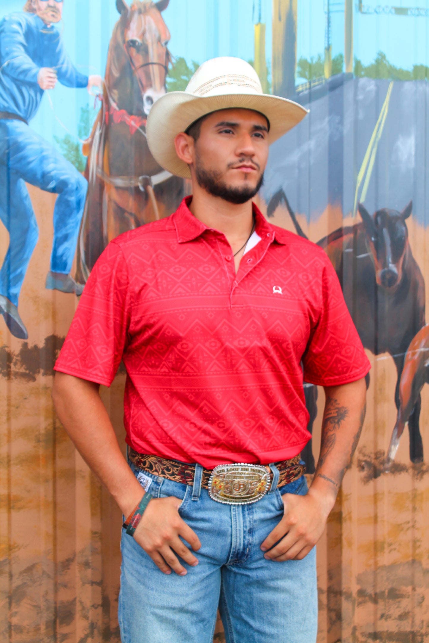 Cinch Arena Flex Polo- Red Aztec