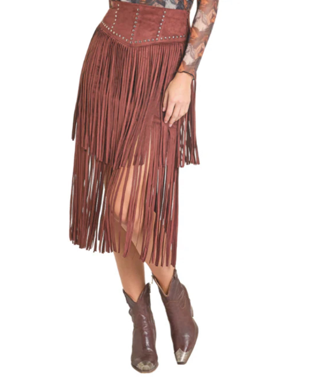 Midi Microsuede Fringe Skirt-Wine