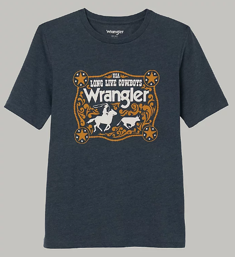 Wrangler Boy's Denim Blue Long Live Cowboys Logo Graphic Short Sleeve T-Shirt