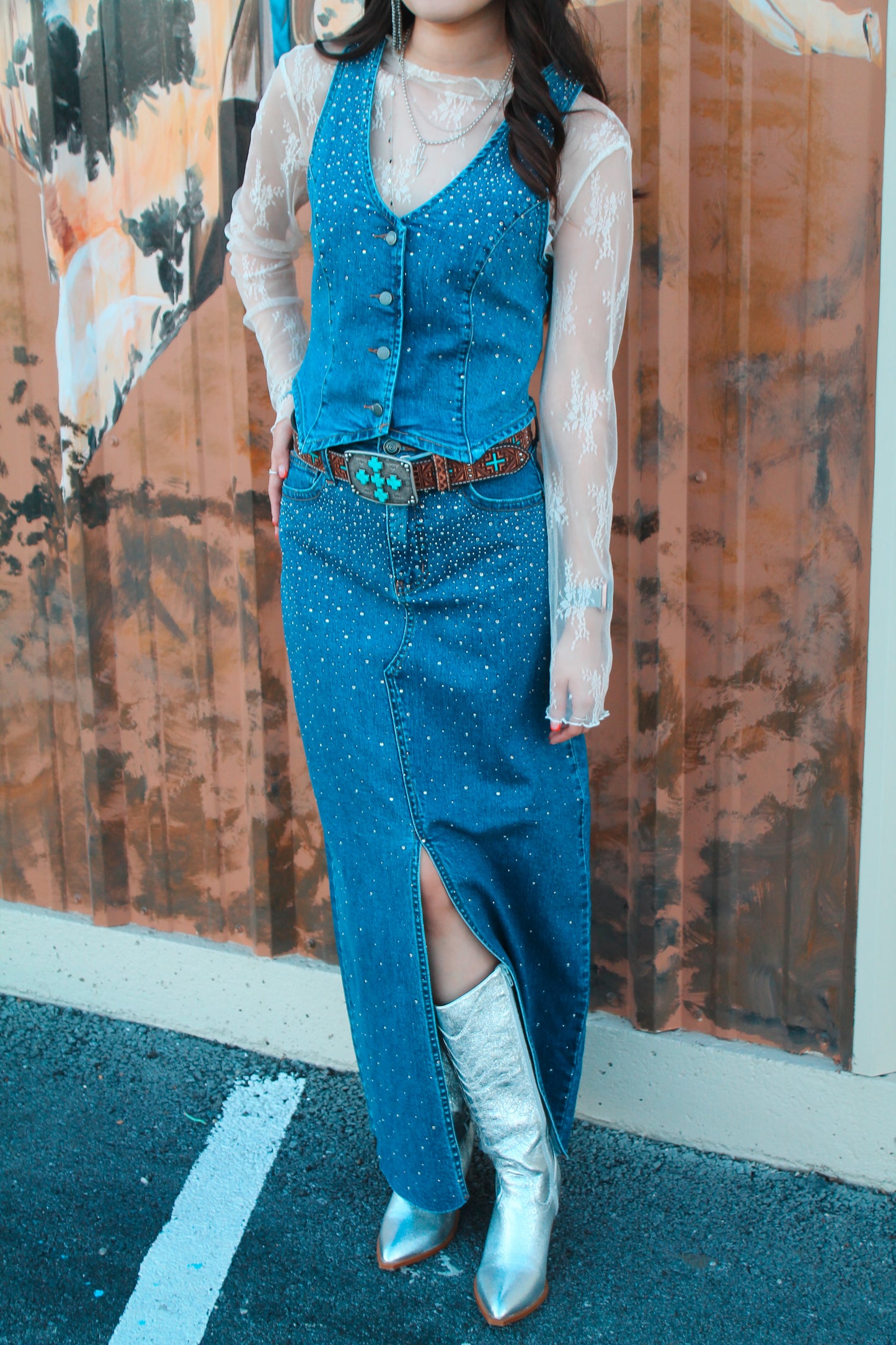 Rock & Roll Denim Studded Maxi Skirt