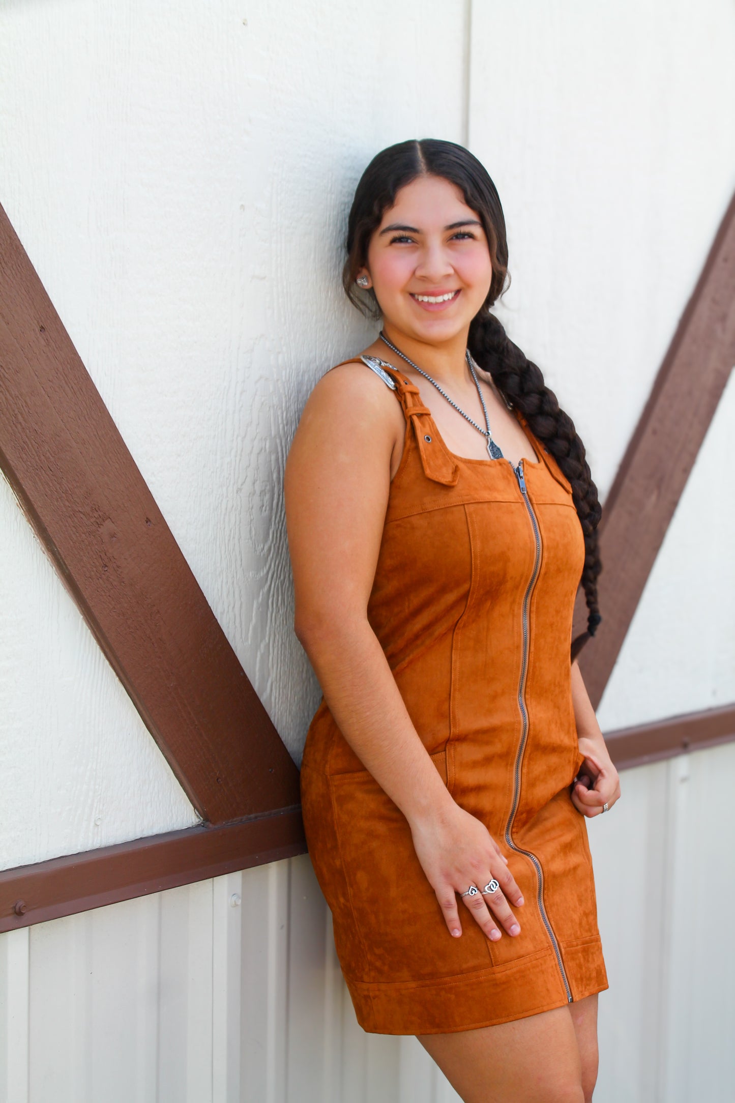 Suede Western Buckle Mini Dress- TAN