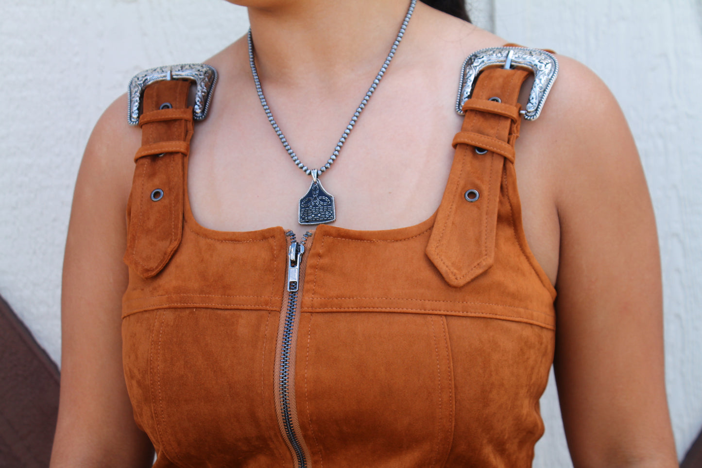Suede Western Buckle Mini Dress- TAN