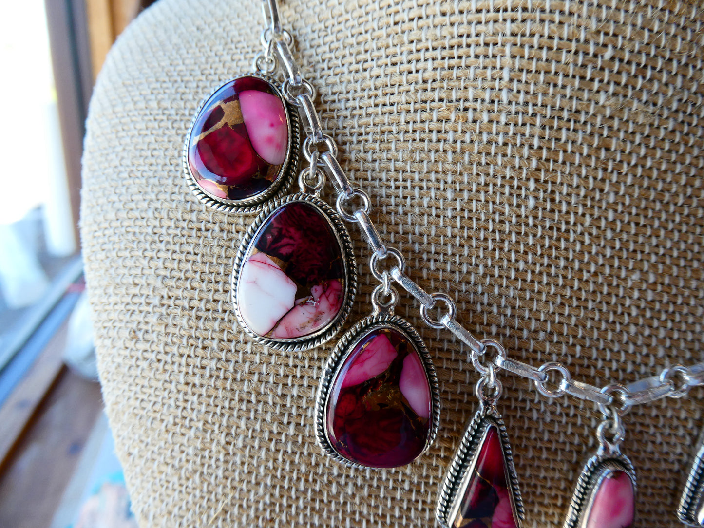Pink Dahlia 9 stone Paperclip Chain Necklace