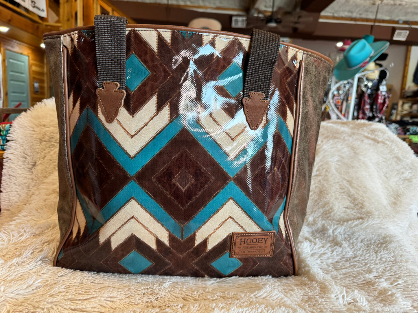 "MONTEZUMA" BROWN/TURQUOISE AZTEC PATTERN CLASSIC TOTE
