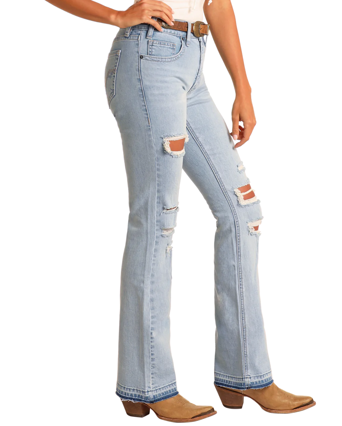 R&R Women's Distressed High Rise Gia Jeans- Bootcut