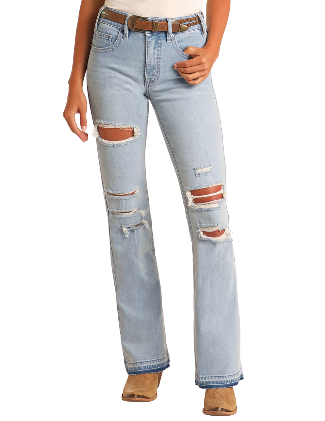 R&R Women's Distressed High Rise Gia Jeans- Bootcut