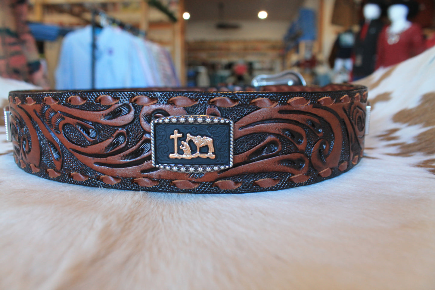 3D Western Belt Mens Cowboy Prayer Conchos Tooled Scrolling