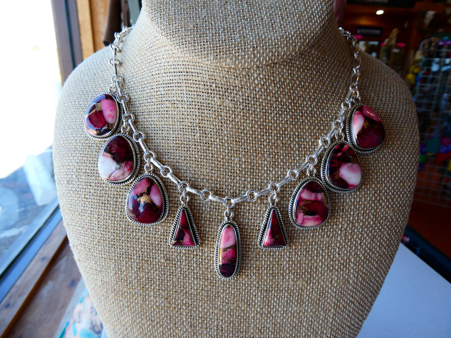 Pink Dahlia 9 stone Paperclip Chain Necklace