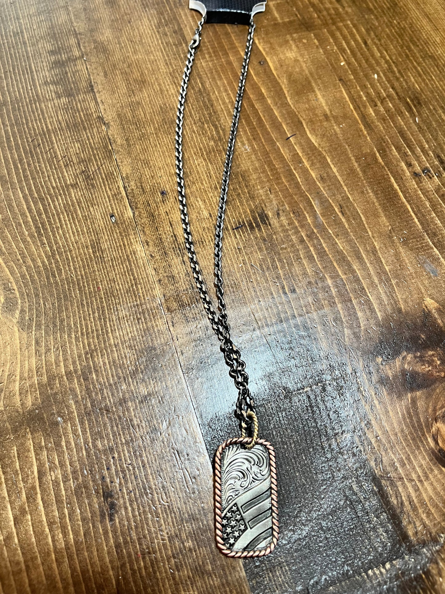 Tooled American Flag Silver Necklace