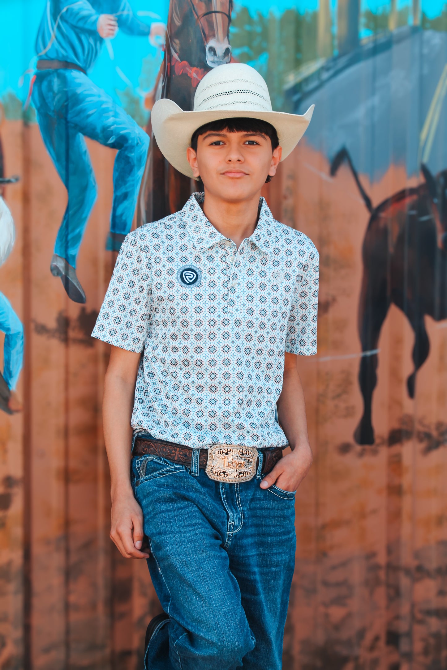 Men’s ROCK & ROLL DENIM MEDALLION PRINT POLO - NATURAL