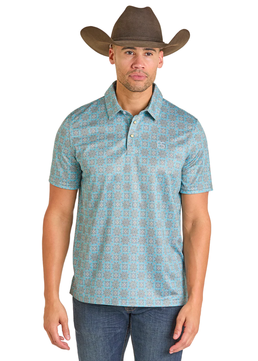 PANHANDLE MENS TURQUOISE PRINT SNAP POLO