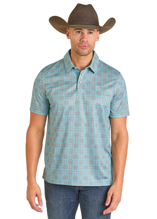 PANHANDLE MENS TURQUOISE PRINT SNAP POLO