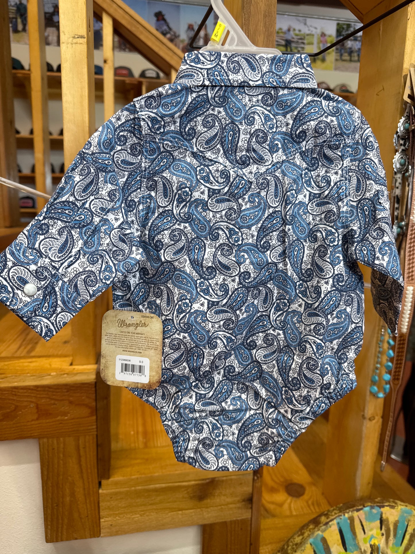 WRANGLER INFANT BOYS’ WHITE & BLUE PAISLEY PEARL SNAP ONESIE