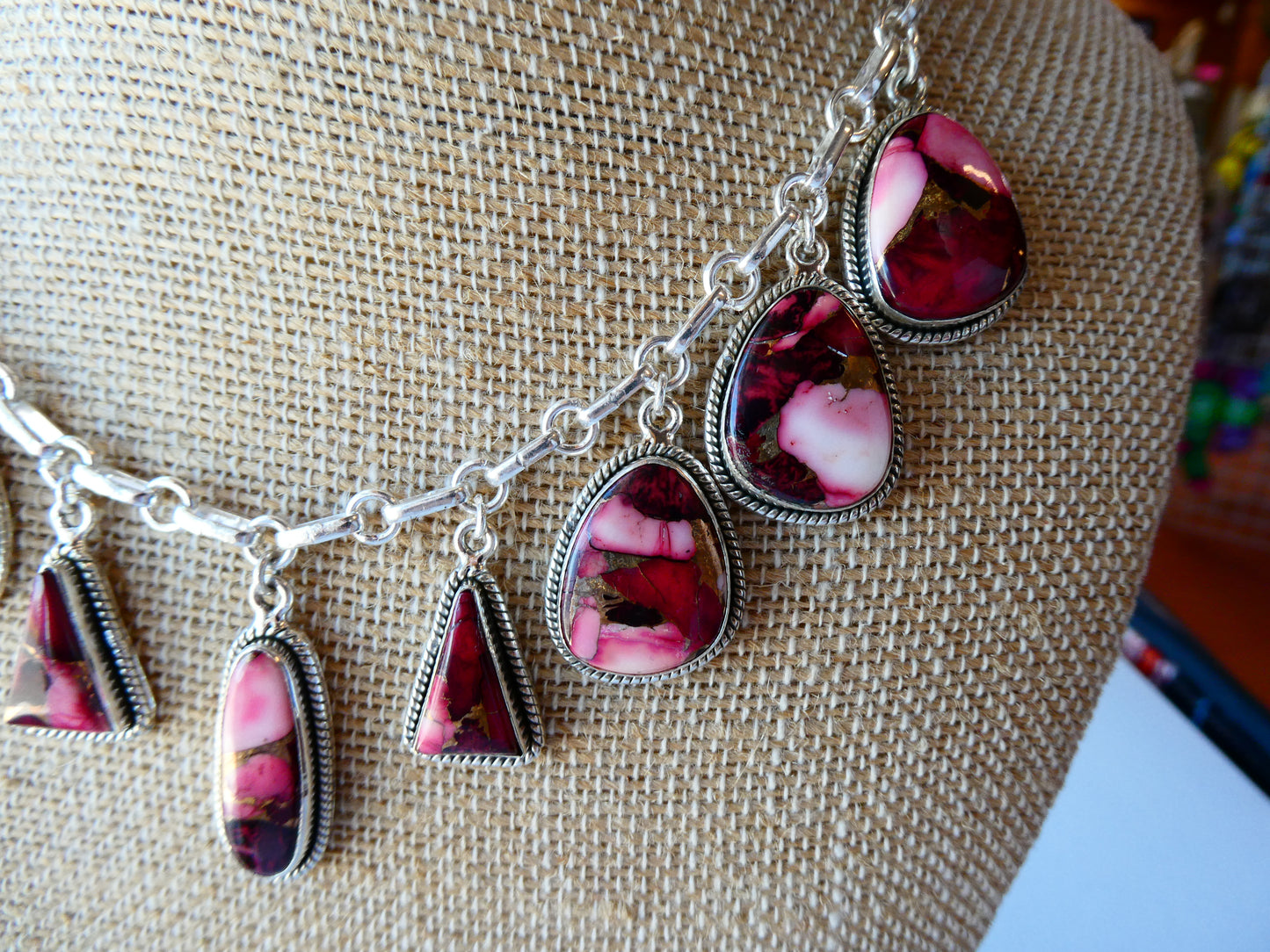 Pink Dahlia 9 stone Paperclip Chain Necklace