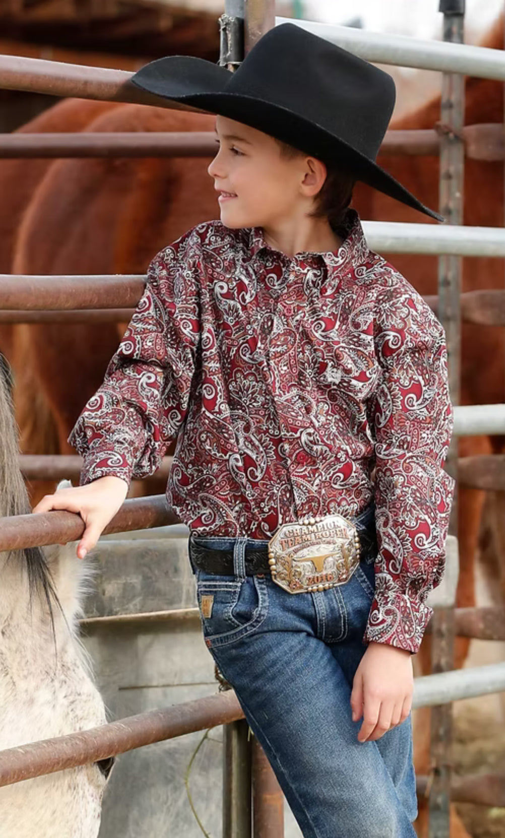 BOYS CINCH BURGUNDY PAISLEY LONG SLEEVE SHIRT