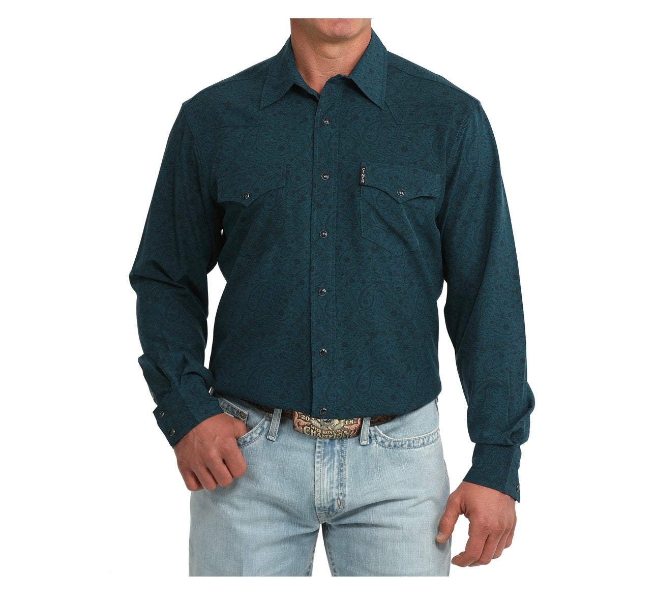 Men's Teal Paisley Print Long Sleeve Snap Shirt MTW1303107✅