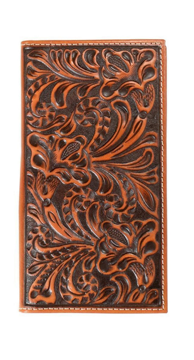 Nocona Wallets Men's Rodeo Leather Floral Embossed Brown checkbook cover