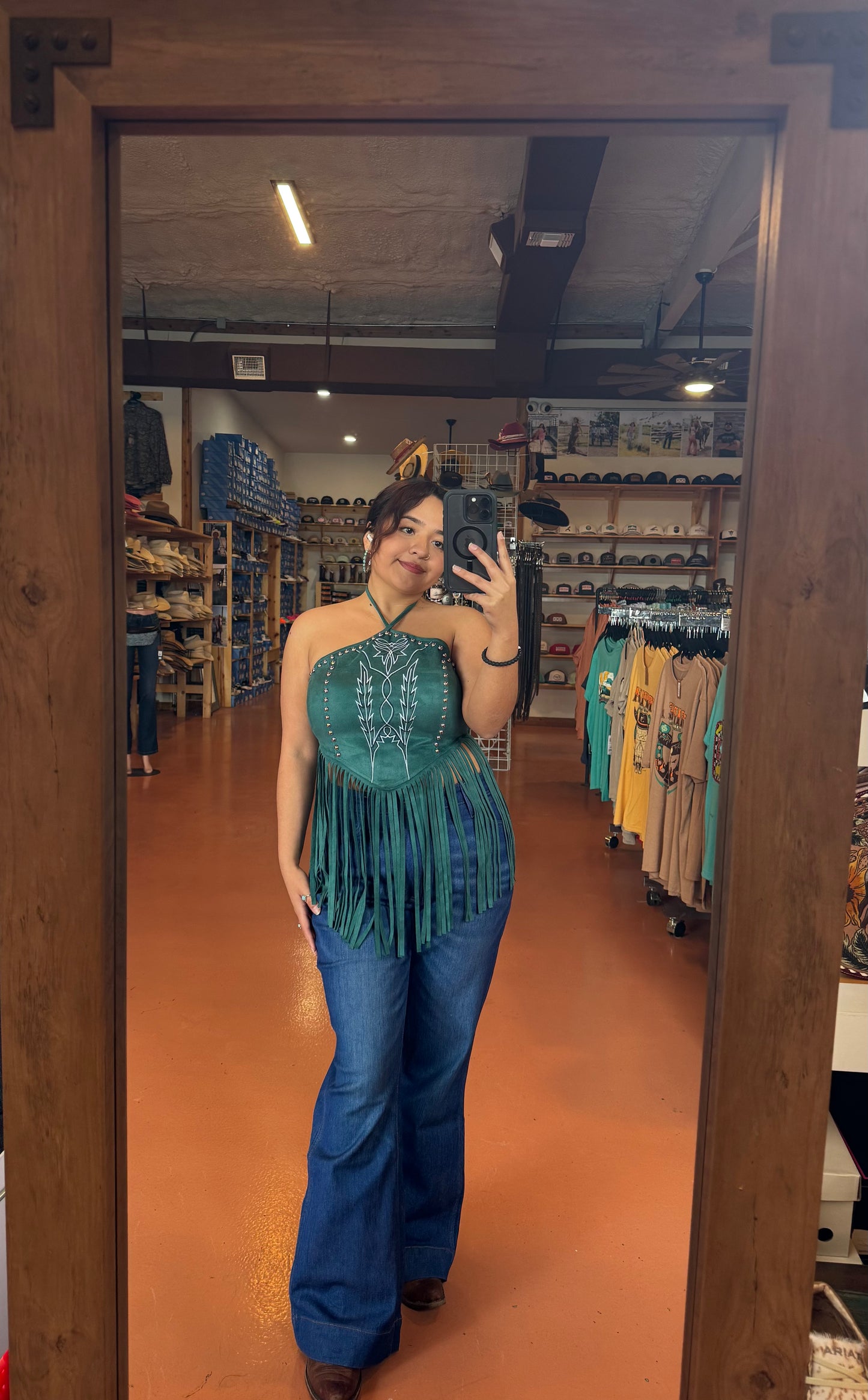 Teal Haltered Fringe Boot Stitch Top