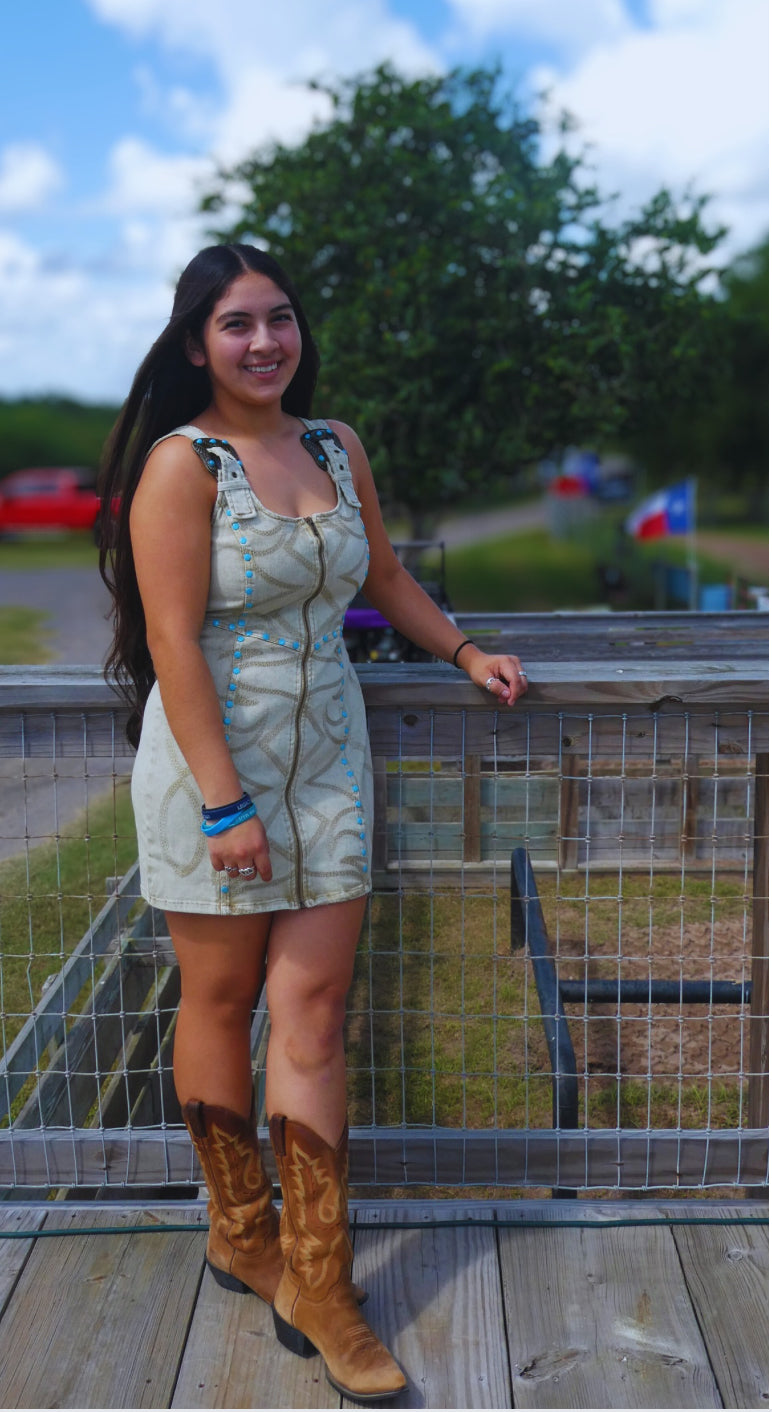 Tan & Turquoise Denim Dress