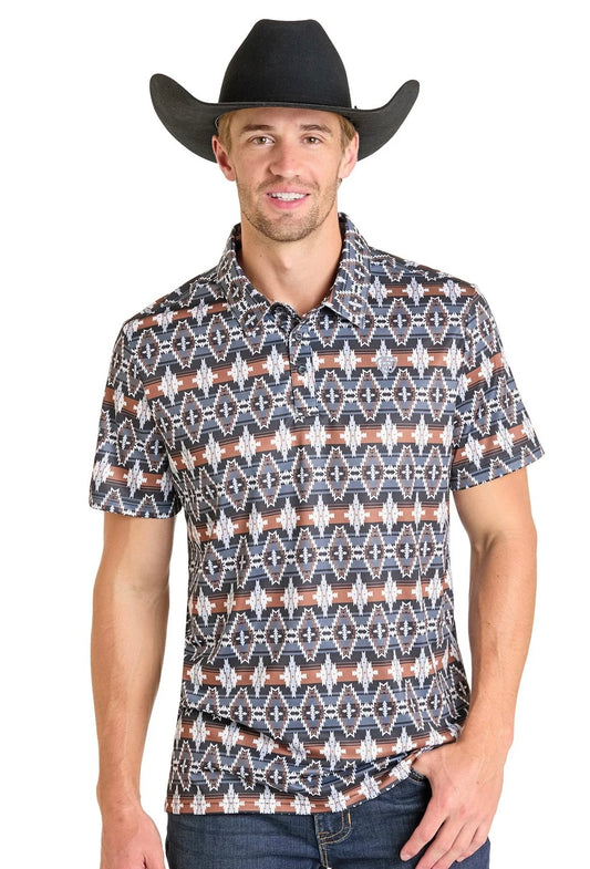 ROCK&ROLL AZTEC POLO SHIRT BLACK BROWN WHITE AZTEC PRINT POLO