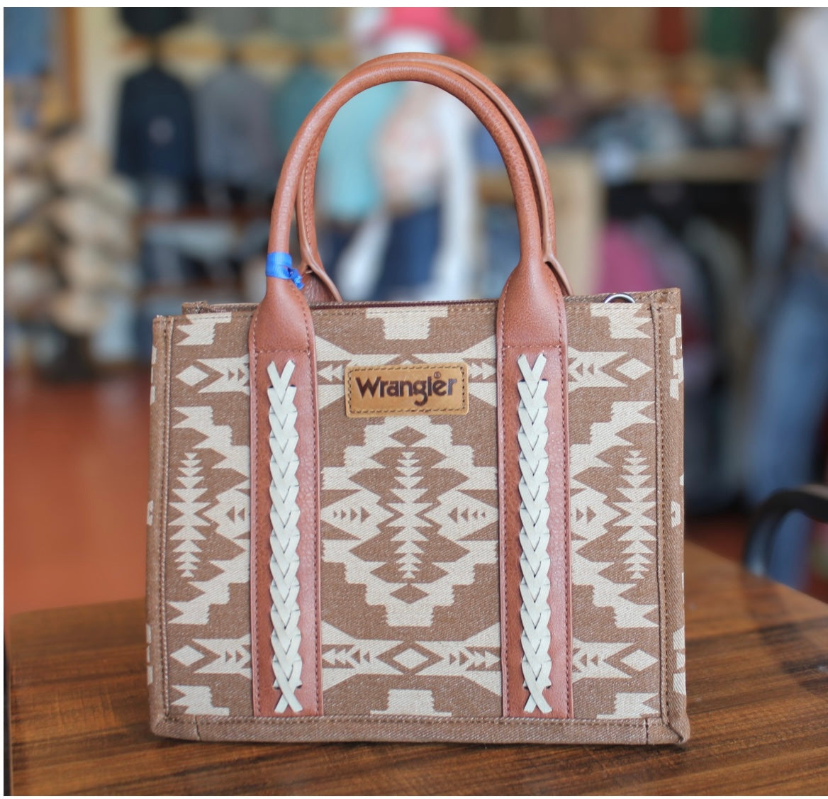 Wrangler Ladies Southwestern Print Small Canvas Brown Tote Crossbody Bag