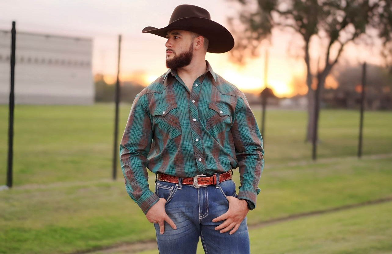 Rock & Roll Men's Brown/Turquoise Plaid Pearlsnap