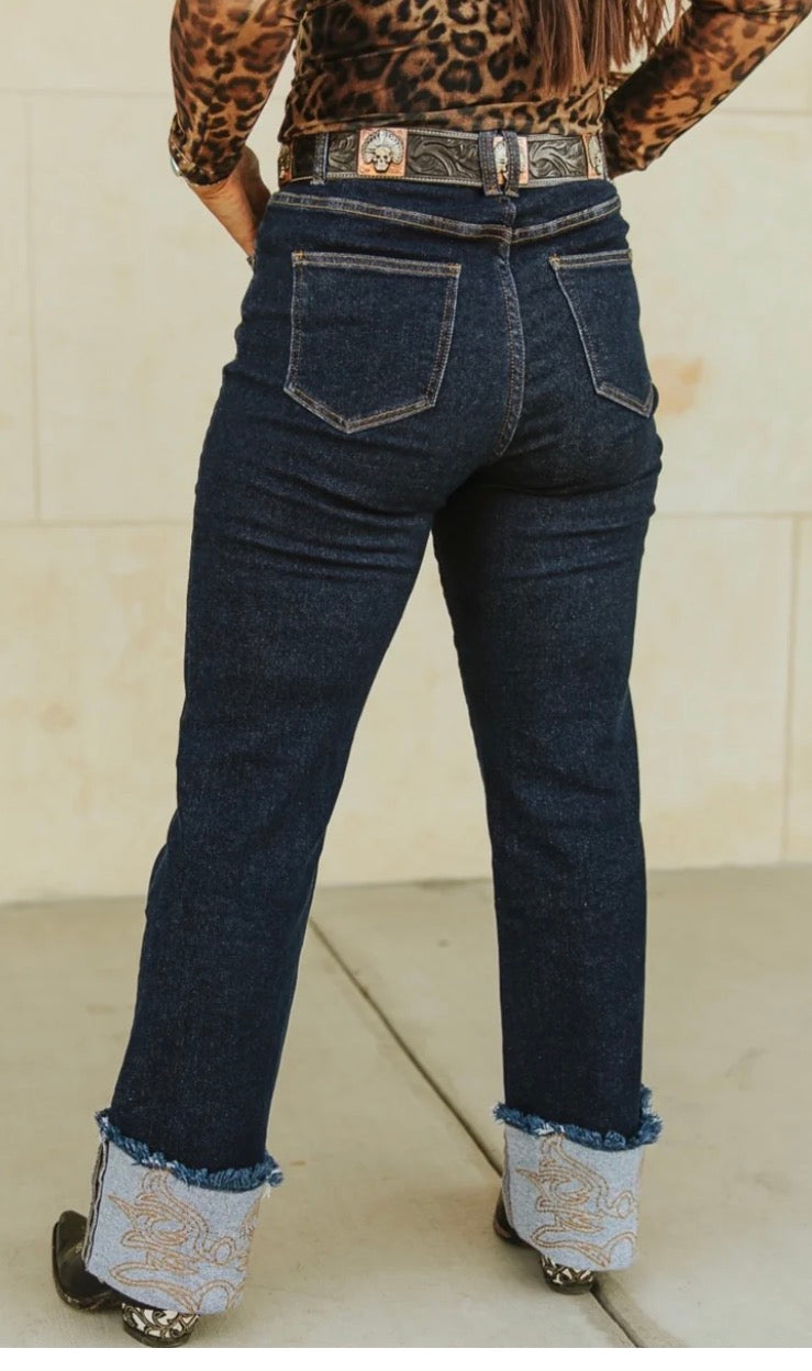 Dark Wash Boot Stitch Embroidered Cuff Pocket Detail High Rise Trouser Jeans