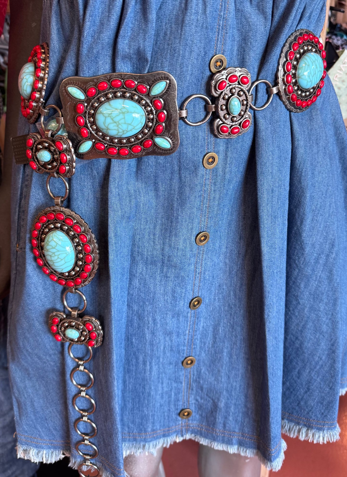 Red and Turquoise Stone Metal Chain Link belt
