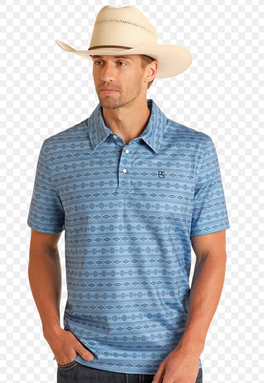 Rock&Roll Men's Blue Aztec SS Polo Snap