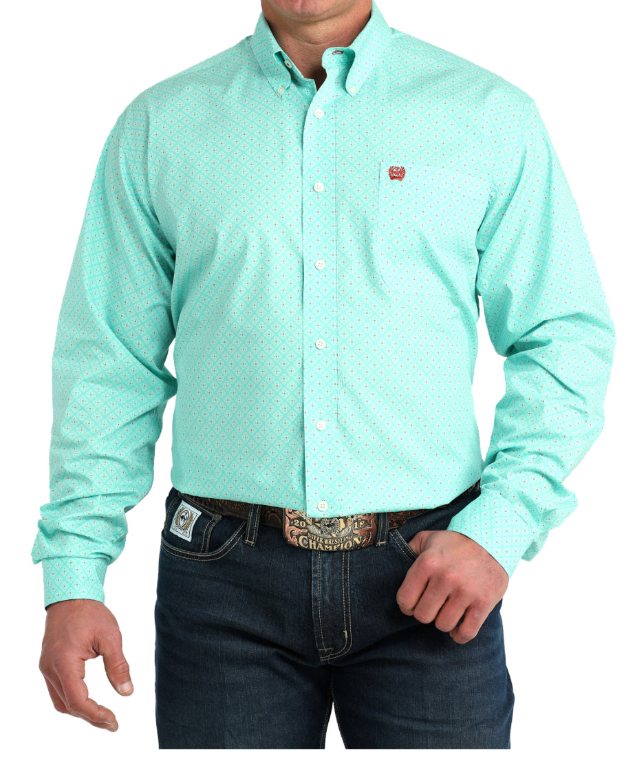 Men's Blue Floral Geometric Classic Fit Long Sleeve Button Down Shirt 👕