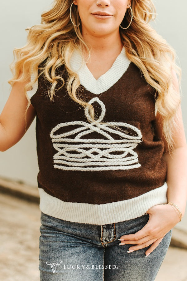 L&B Brown/Ivory Boot Stitch Knit Sleeveless Sweater