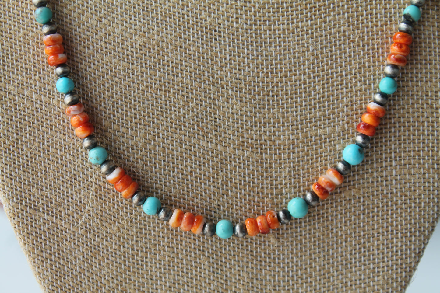 Spiny Orange Turquoise & Navajo Pearls 2mm Necklace